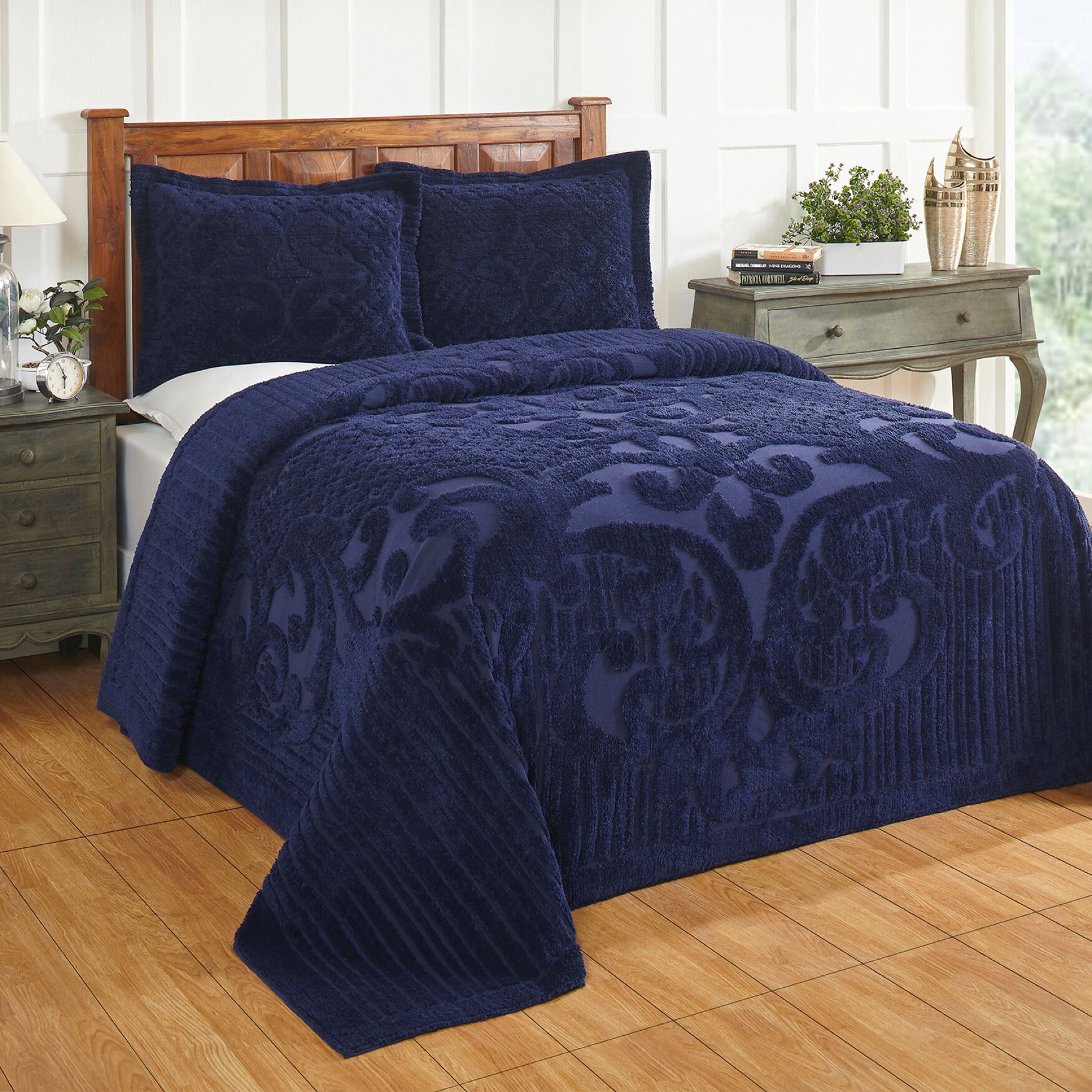 Ashton Collection Tufted Chenille Bedspread , NAVY, hi-res image number 0