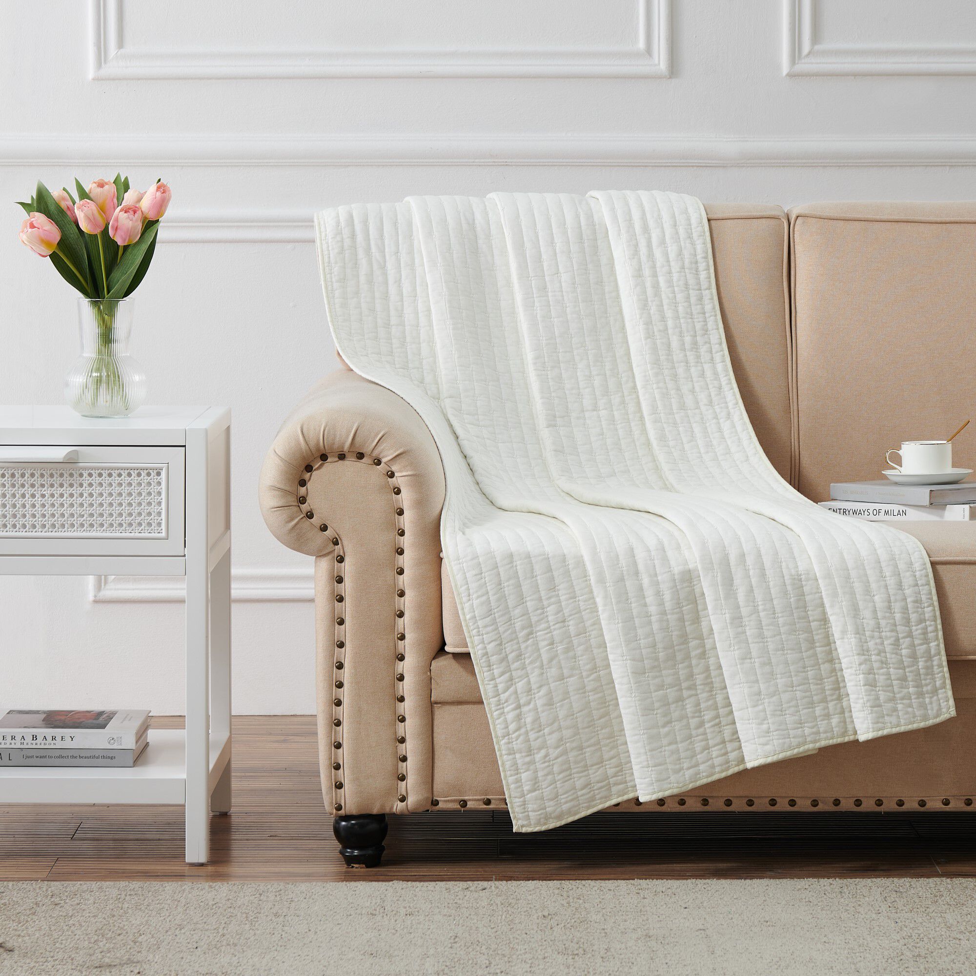 Monterrey Solid Textured Quilted Throw Blanket, Coral, ANTIQUE WHITE, hi-res image number 0