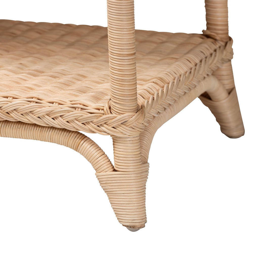 Detail of rattan leg and lower shelf weave on console table