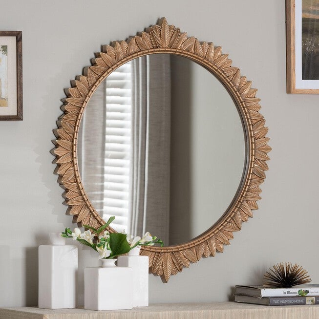 Caitlin Antique Gold Finished Wood Round Accent Wall Mirror with Carved Leaf Border, ANTIQUE GOLD, hi-res image number 0