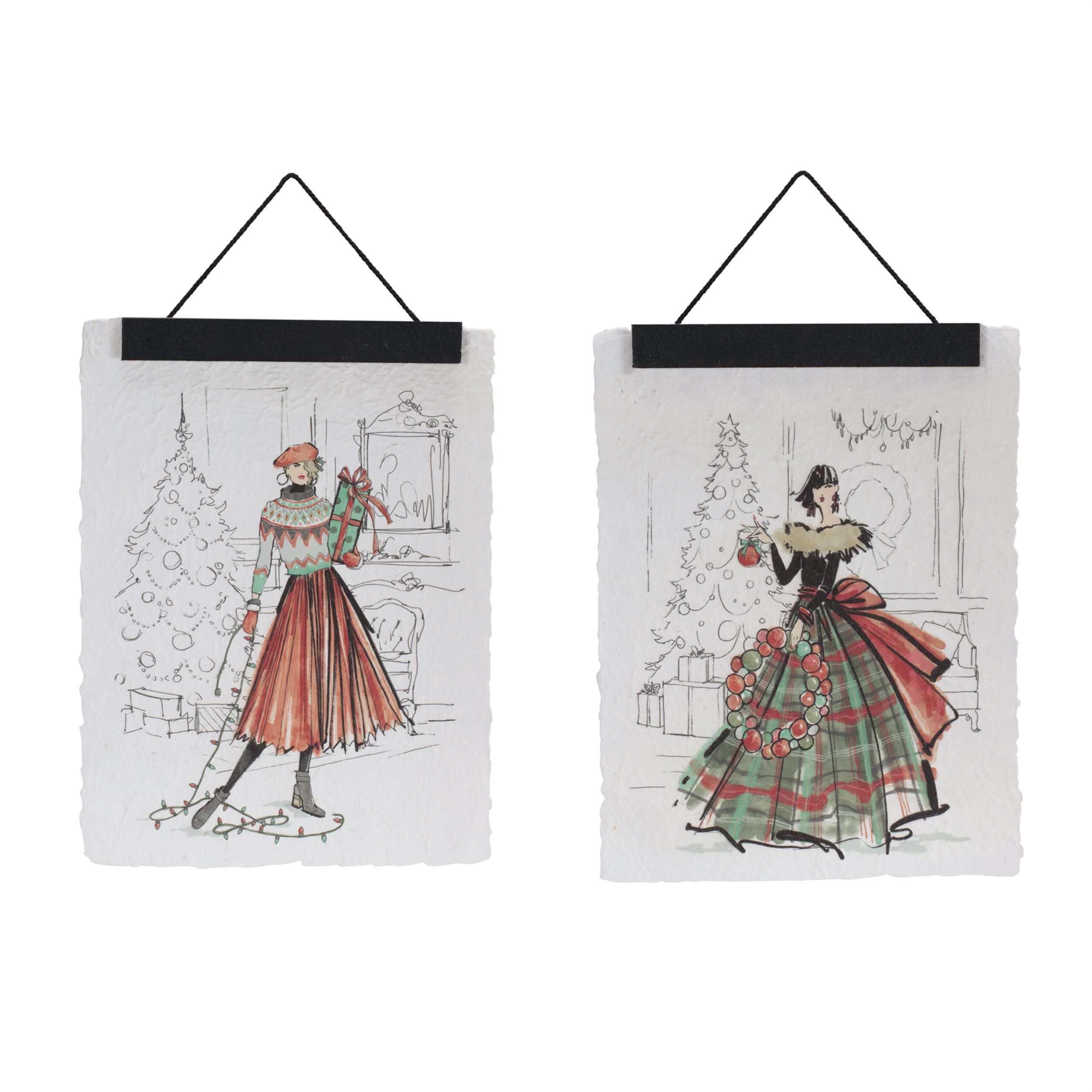 Vintage Holiday Fashion Illustration Banner (Set of 2), WHITE GREEN PEACH, hi-res image number 0