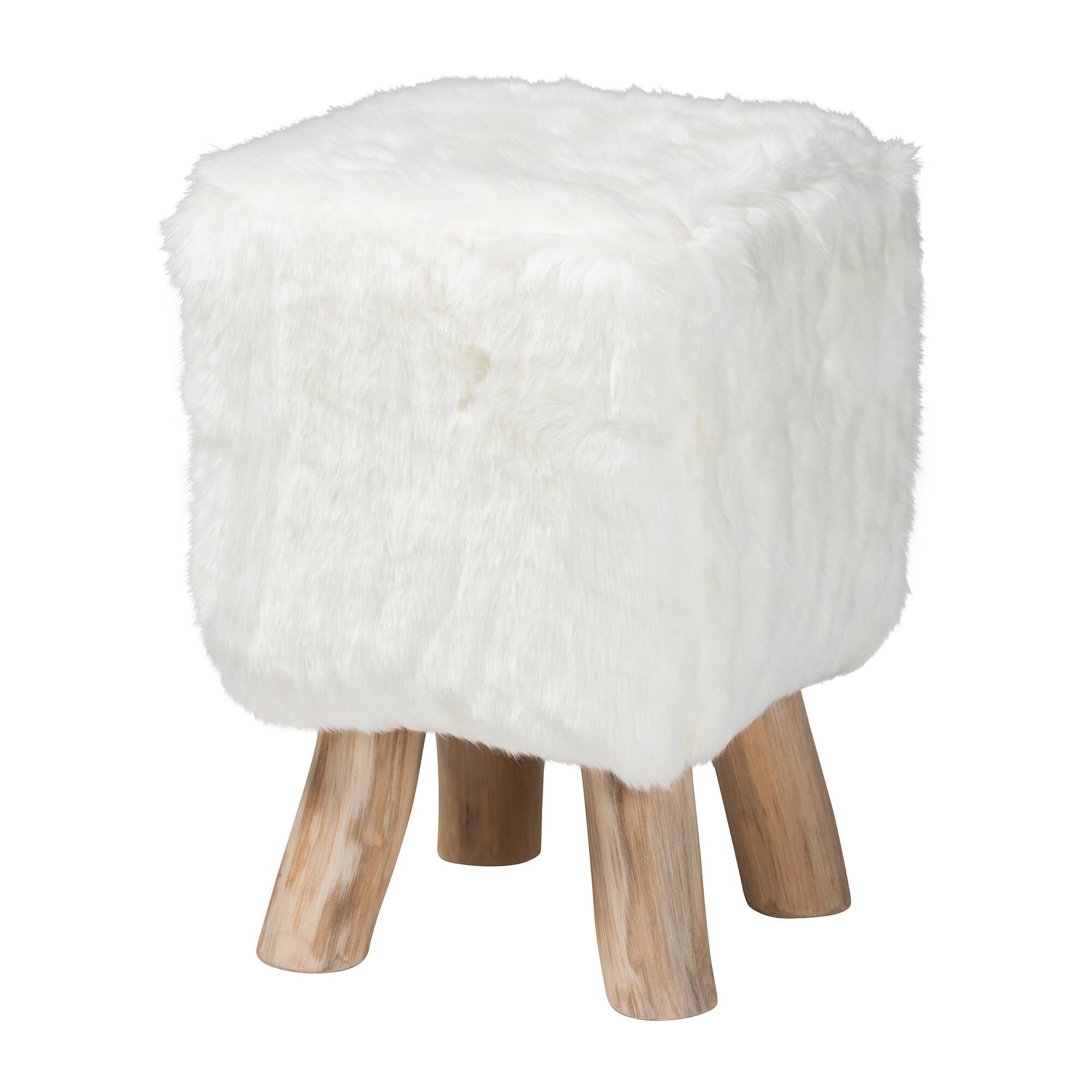 Scotlyn Faux Fur Footstool with Teak Wood Legs, WHITE, alternate image number 1