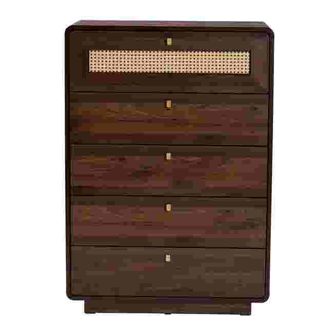 A dark wood chest with a rattan drawer front, shown against a white background.