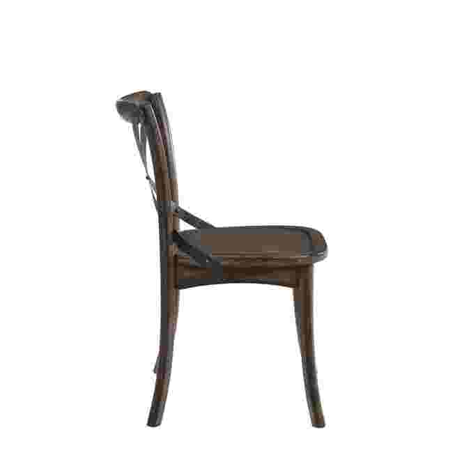 Dark brown wooden side chair with X-shaped backrest