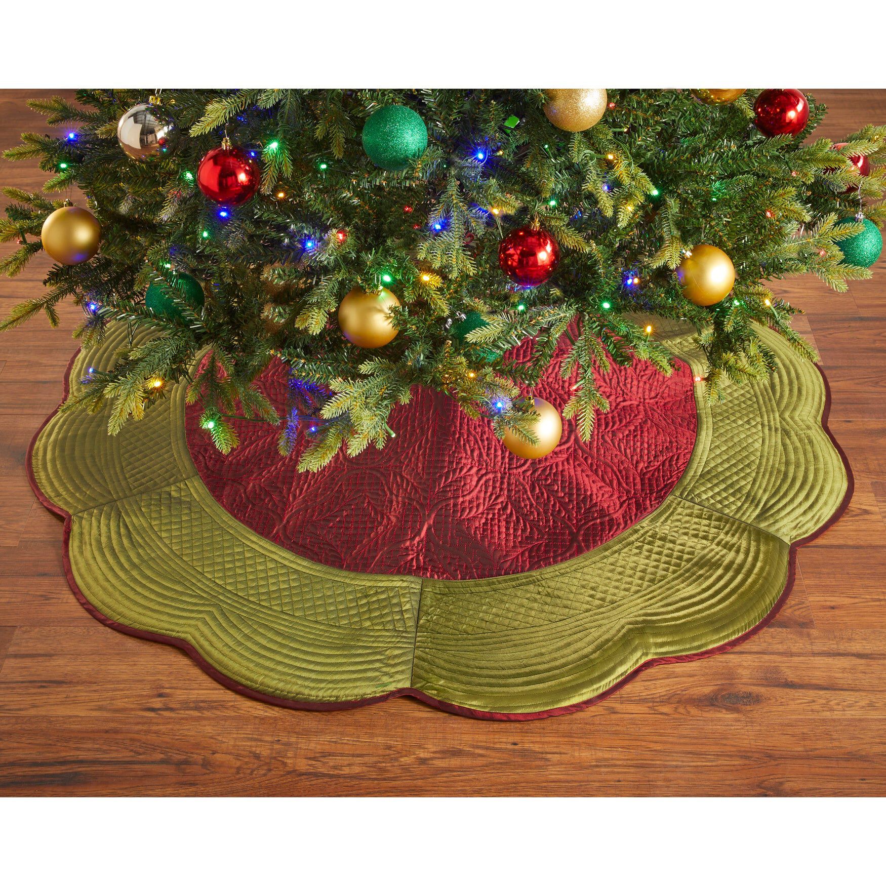 54 inches Quilted Tree Skirt, BURGUNDY GREEN, hi-res image number 0