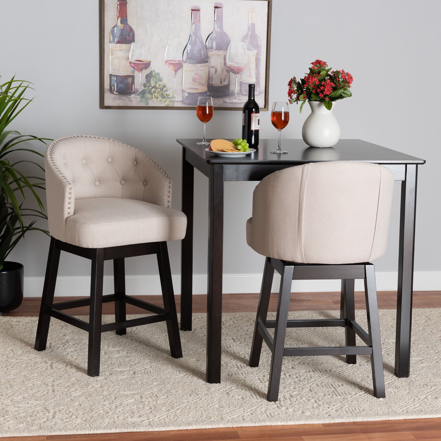 Theron Mid-Century Transitional Black Faux Leather and Espresso Brown Finished Wood 2-Piece Swivel Counter Stool Set, , alternate image number 31