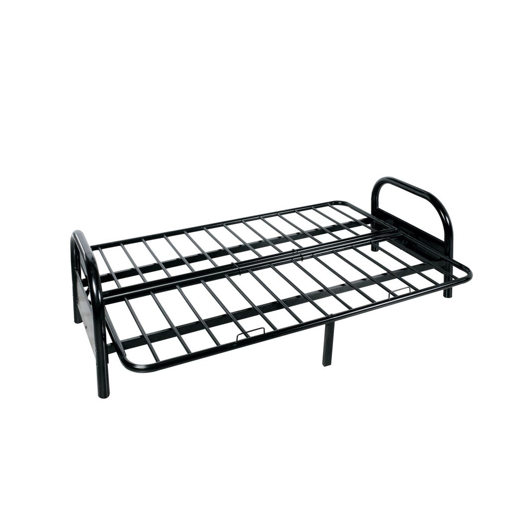 Adjustable black sofa frame showing metal slat base and side handles