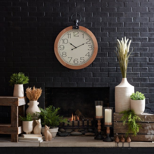 Round Wood Wall Clock Under Glass 23.75 inchesD, BROWN/WHITE/BLACK, alternate image number 1