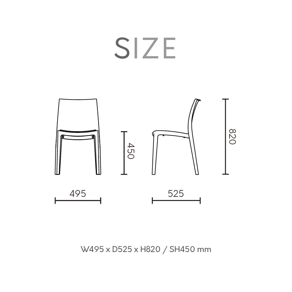 Chair size chart showing width, depth, and height