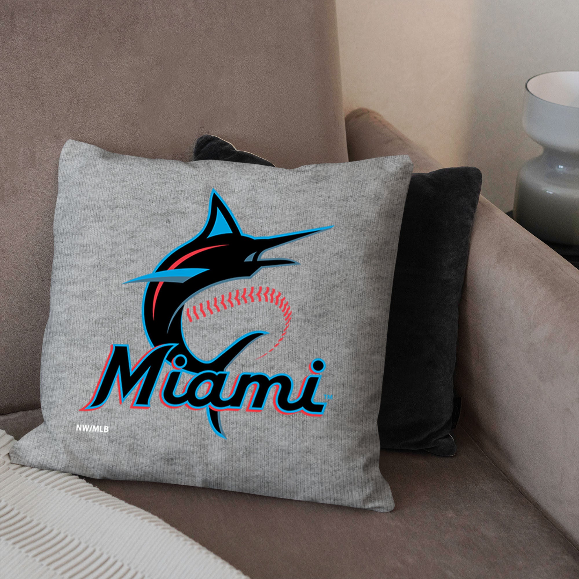 Miami Marlins MLB Primary Sweatshirt PIllow 16 Inches, GRAY, alternate image number 2