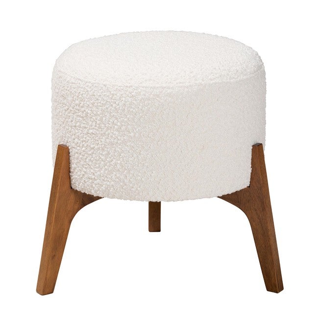 Elkie Japandi Cream Boucle Fabric And Walnut Brown Finished Wood Ottoman Footstool, , on-hover image number null