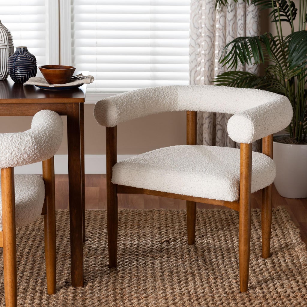 White boucle dining chair at dining table in room