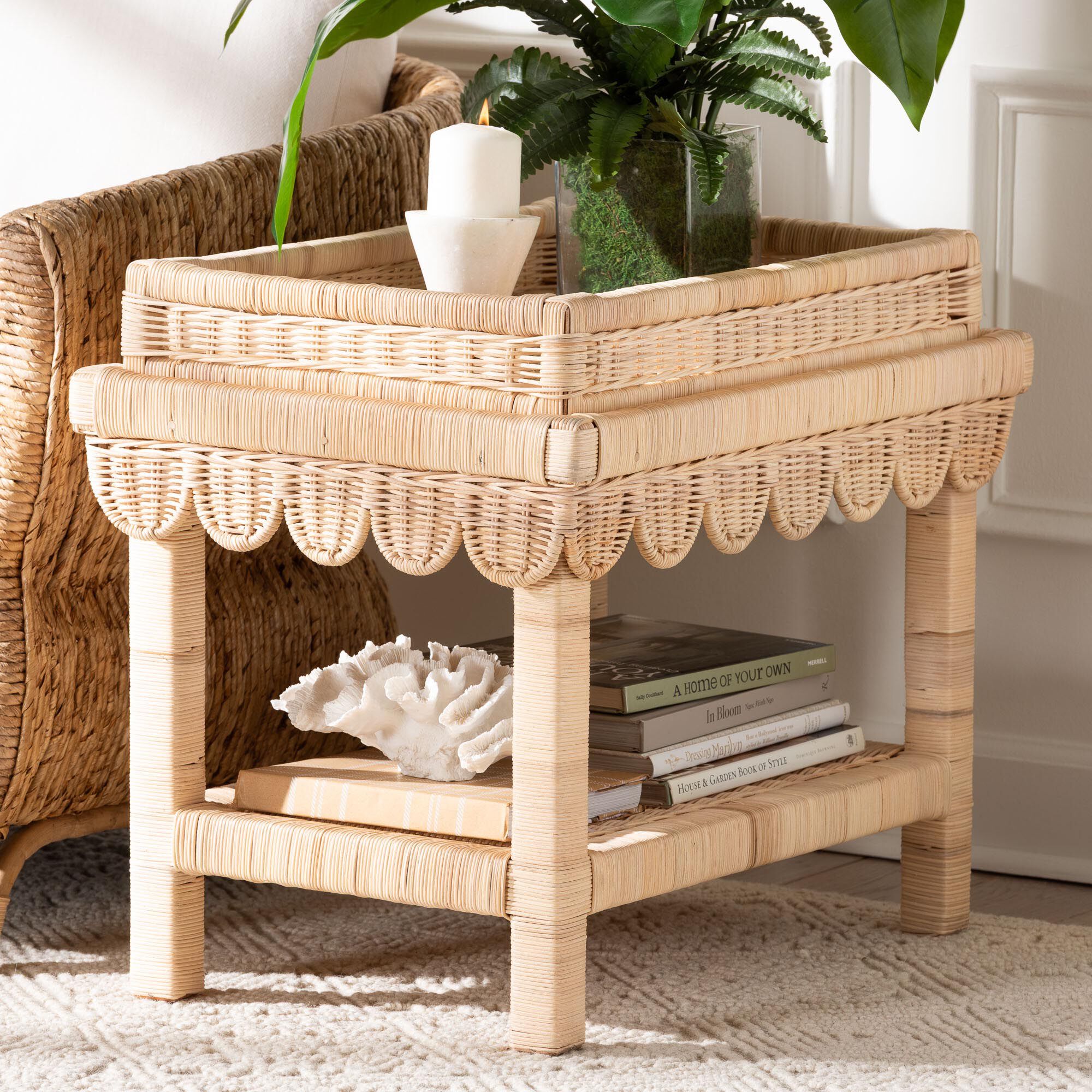 Weyman Scalloped Rattan End Table with Removable Tray Top, BROWN, hi-res image number 0