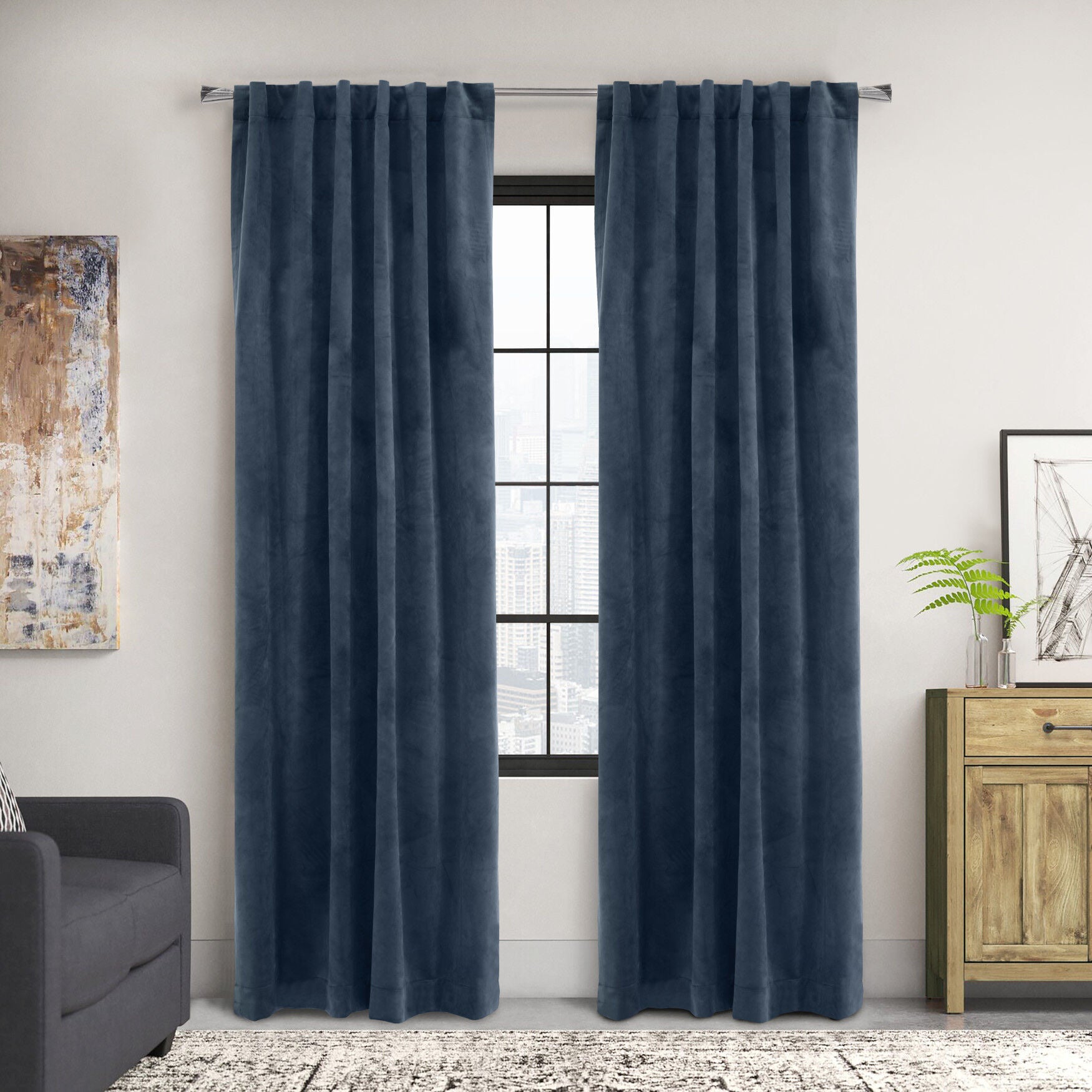 Seren Room Darkening Dual Header Curtain Panel, NAVY, hi-res image number 0