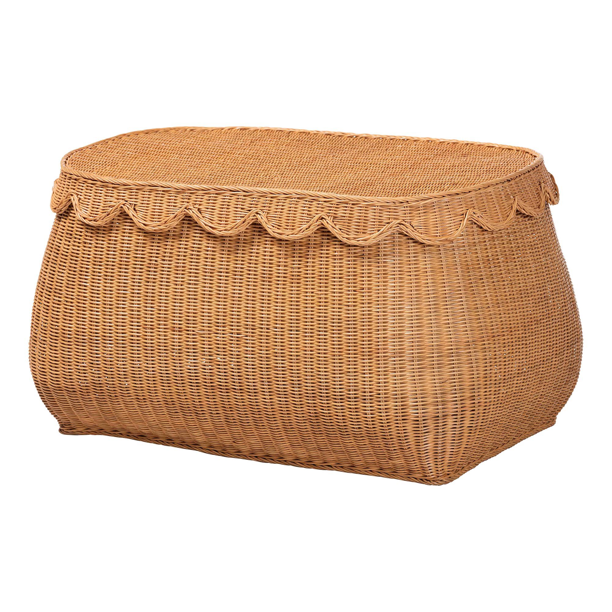 Ayleen Natural Rattan Basket with Scalloped Lid - Large, HONEY, alternate image number 1