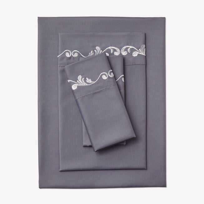 Microfiber Embroidered Hem Sheet Set, GRAY, hi-res image number 0