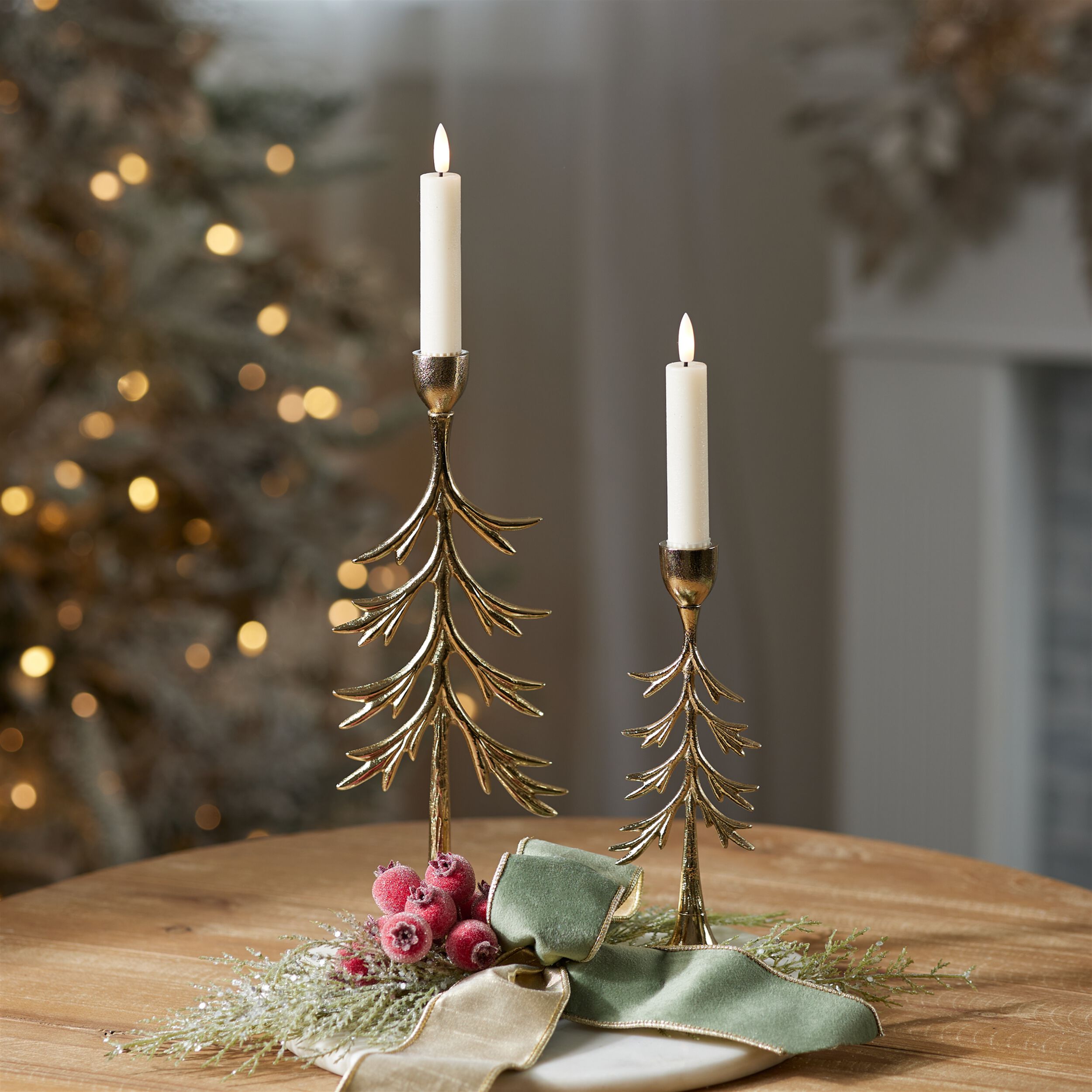 Metal Pine Tree Taper Candle Holder (Set of 2), GOLD, alternate image number 2