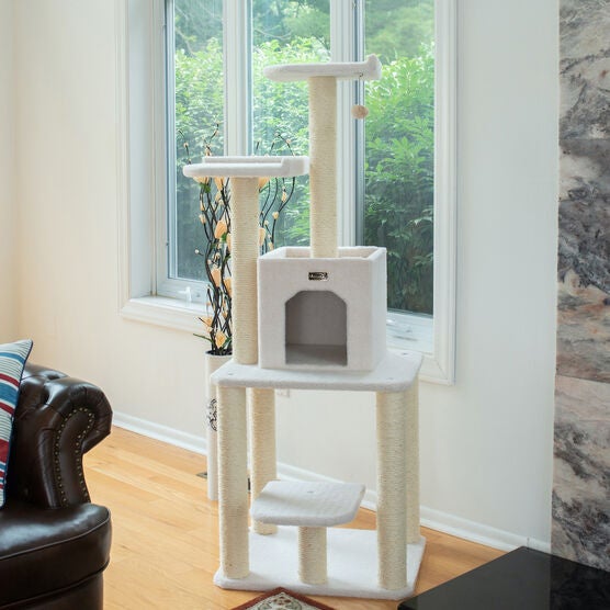 Classic 62" Real Wood Cat Tree With Levels, Condo And Two Perches, , on-hover image number null
