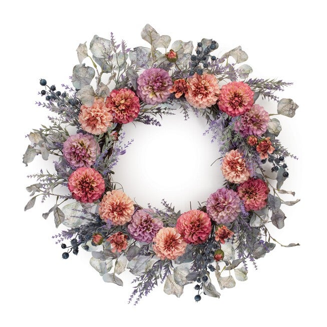 Mixed Zinnia Floral Wreath 24 inchesD, PURPLE/PINK/GREEN, alternate image number null