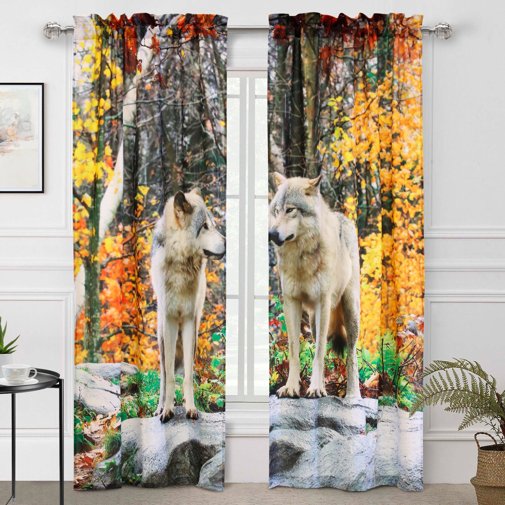 Photo Real Wolves Light Filtering Pole Top Curtain Panel Pair, MULTI, hi-res image number 0