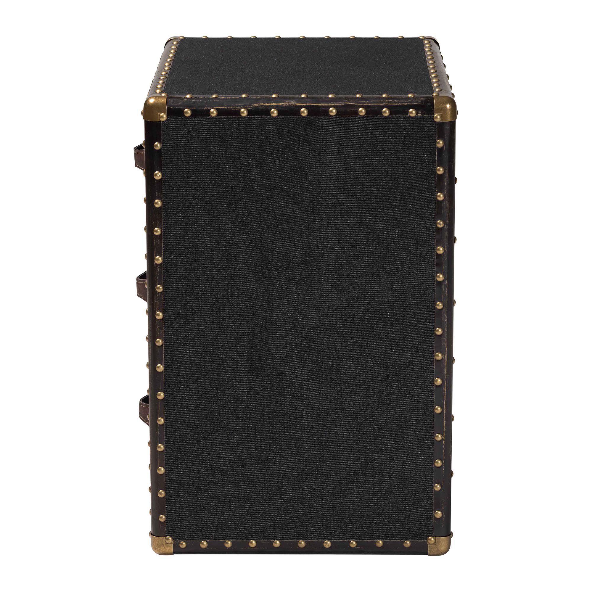 Side view of black canvas end table with three drawers