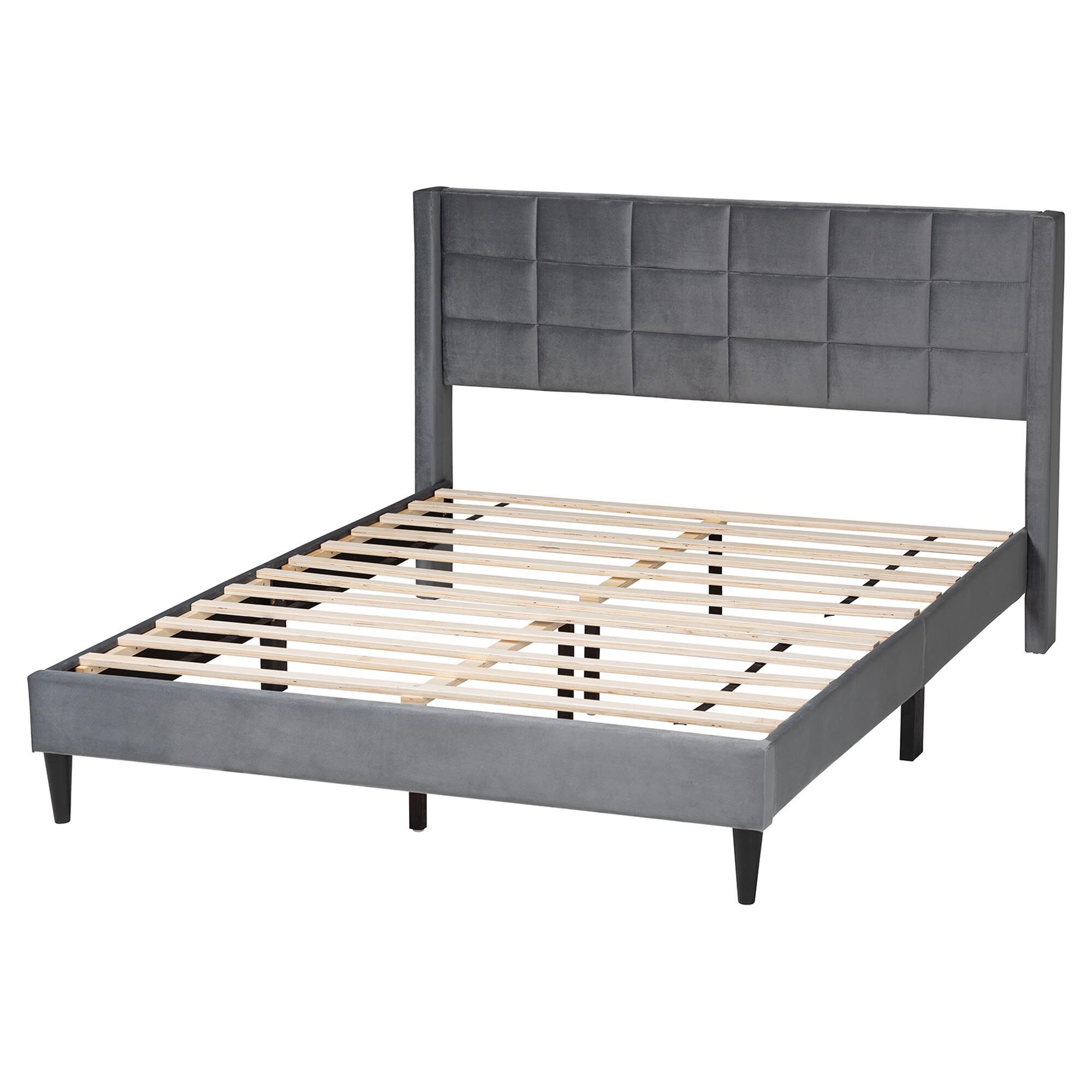 Payne Modern Glam Grey Velvet and Dark Brown Wood Queen Bed, GREY, alternate image number 3