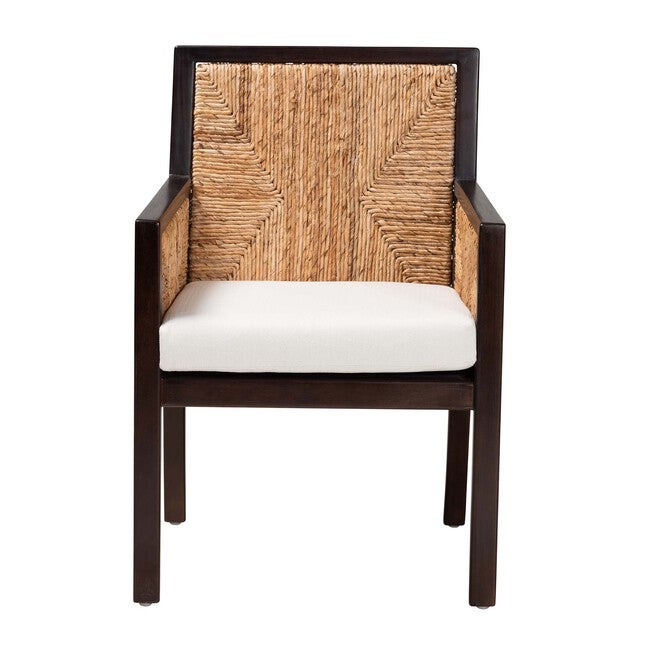 Joana Modern Bohemian Dark Brown Mahogany Wood And Natural Seagrass Dining Arm Chair, , on-hover image number 1