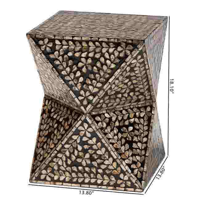 A modern bohemian end table with a black and bronze mother of pearl inlay, with dimensions labeled as 13.80 inches wide, 13.80 inches deep, and 18.10 inches tall.