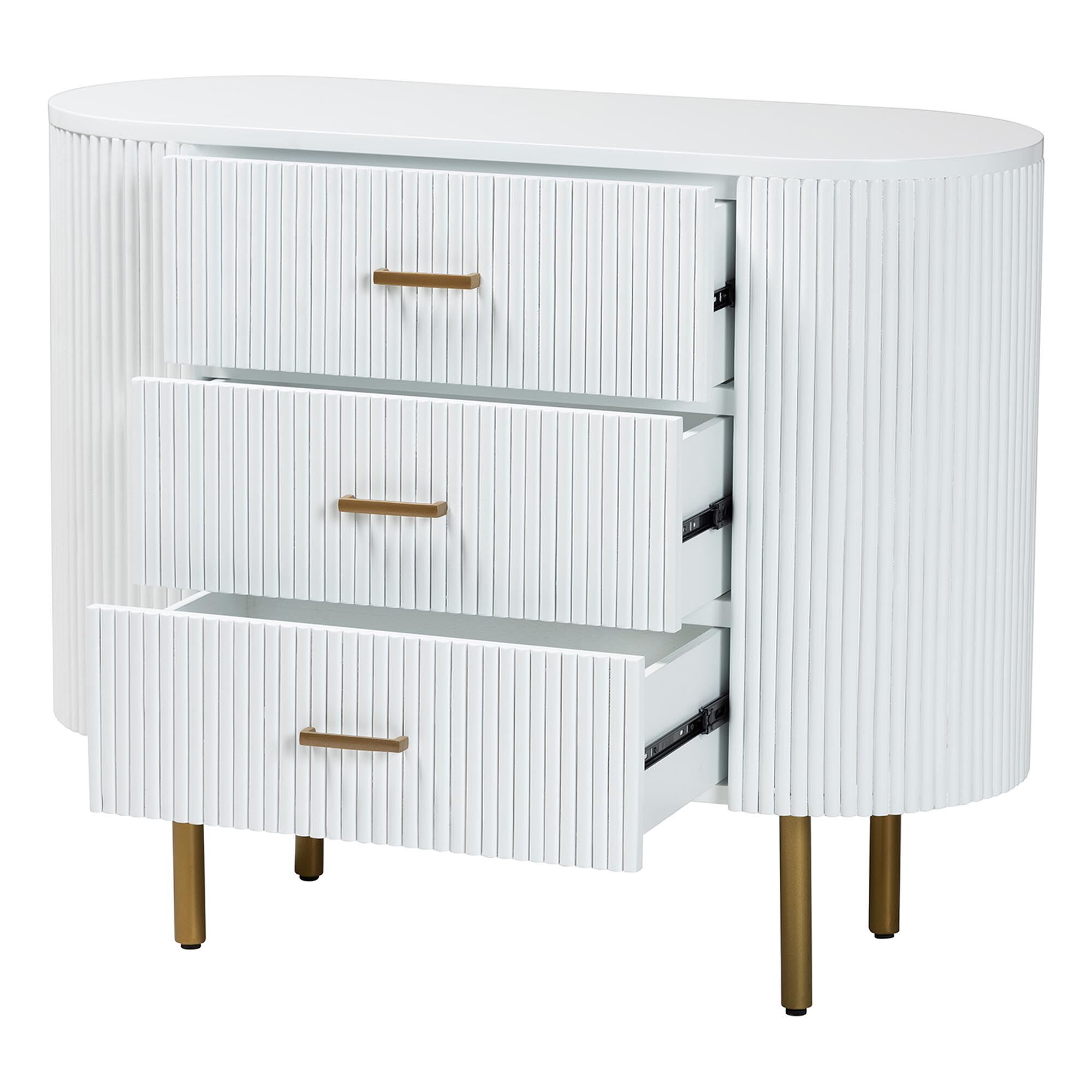 Beyla Mid-Century White Fluted Wood and Gold Metal 3-Drawer Dresser, WHITE, alternate image number 2