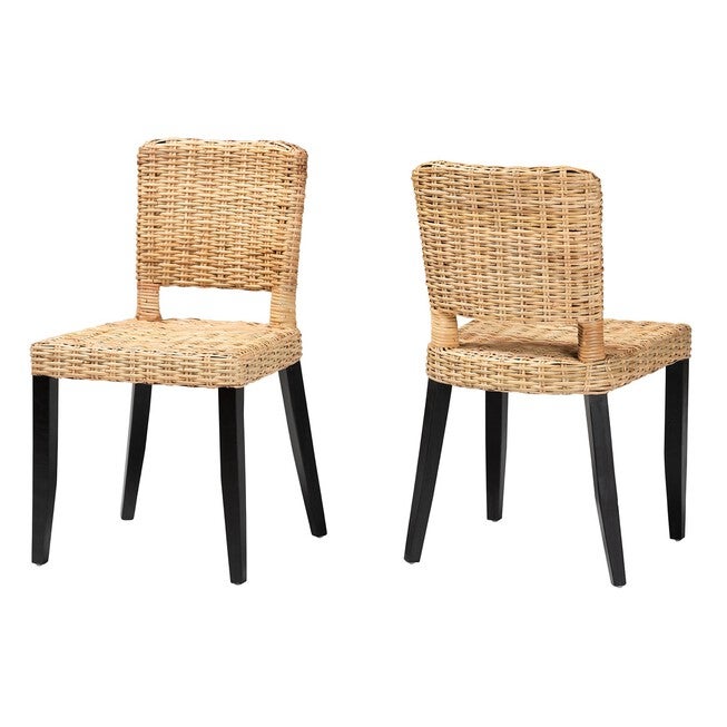 Dermot Modern Bohemian Dark Brown Finished Wood And Natural Rattan 2-Piece Dining Chair Set, DARK BROWN, hi-res image number null