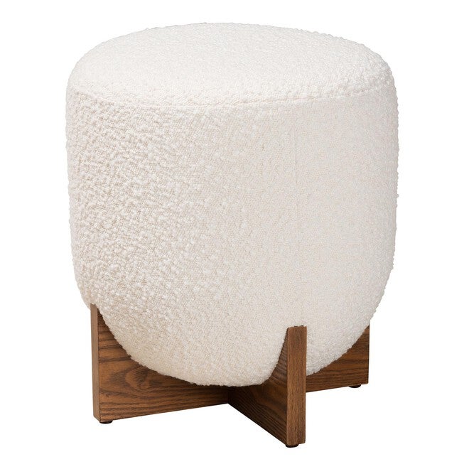 Fisk Japandi Cream Boucle Fabric And Walnut Brown Finished Wood Ottoman Footstool, CREAM WALNUT BROWN, hi-res image number null