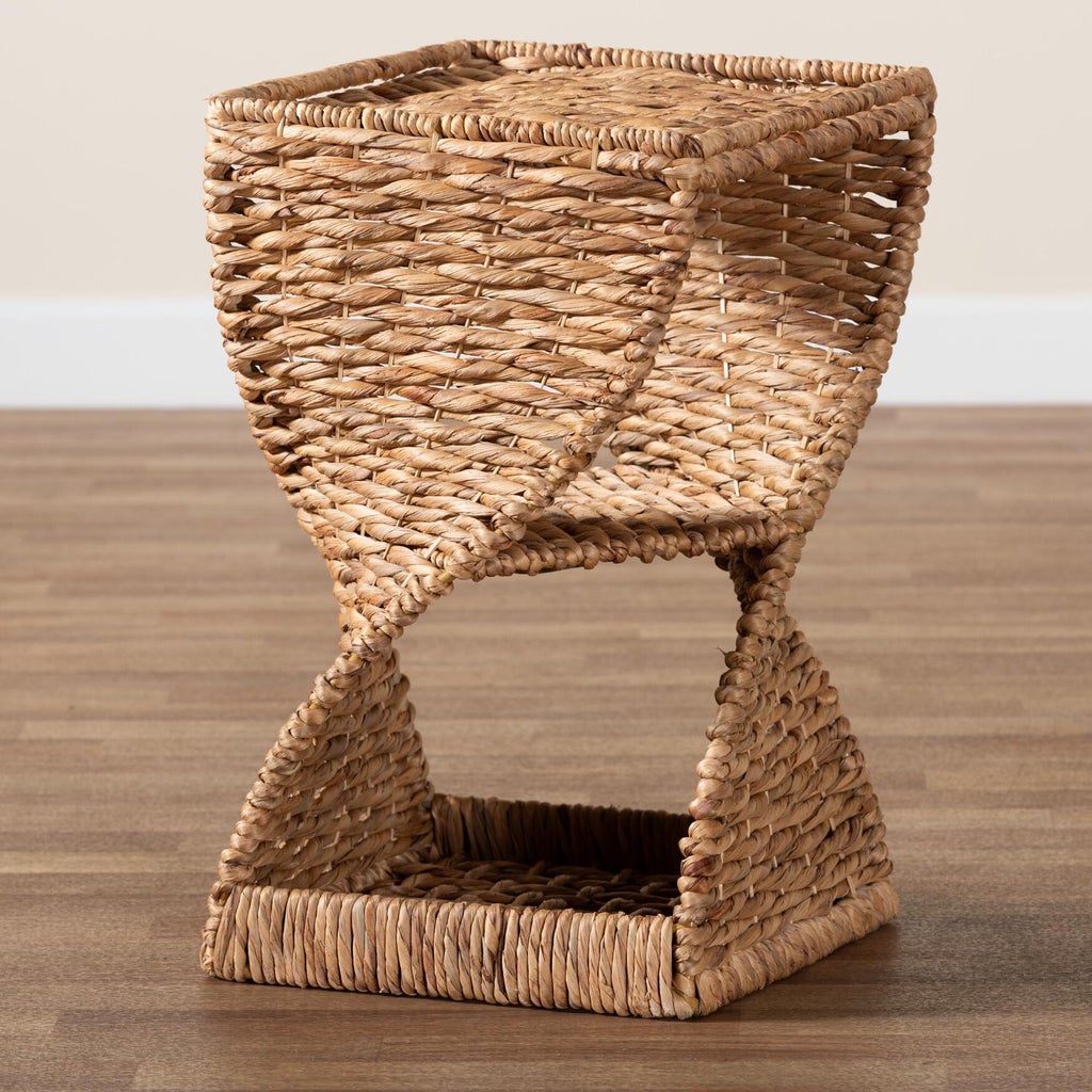 Side perspective of two-tiered woven seagrass end table