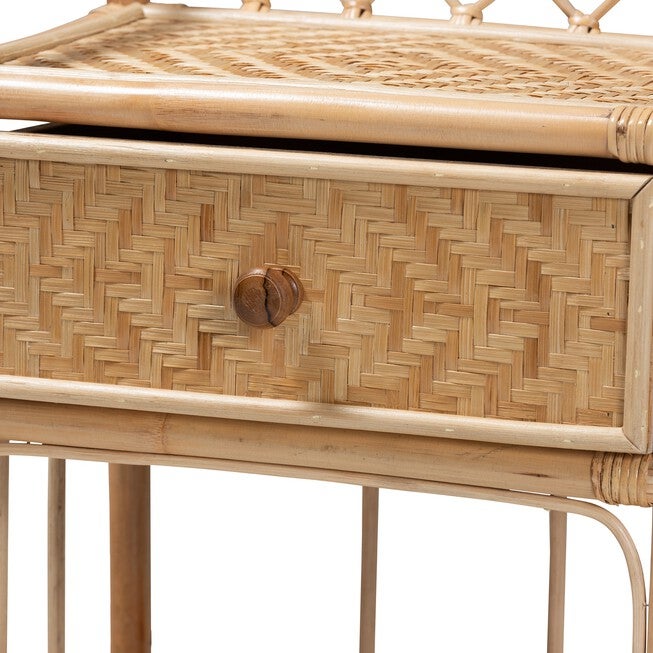 Kobie Modern Bohemian Natural Brown Rattan 1-Drawer Nightstand, , alternate image number null