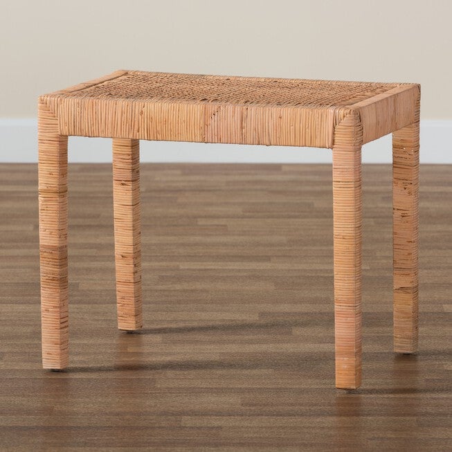 Abelia Modern Bohemian Natural Rattan And Mahogany Wood Short Accent Bench, , alternate image number null