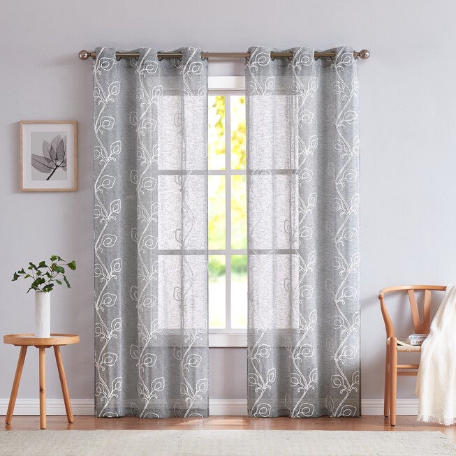 Stella Semi Sheer Floral Grommet Panel Pair, SILVER, hi-res image number null