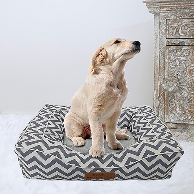 Chevron poly-cotton bolster with detachable faux fur cushion, Small Size, GREY, hi-res image number null