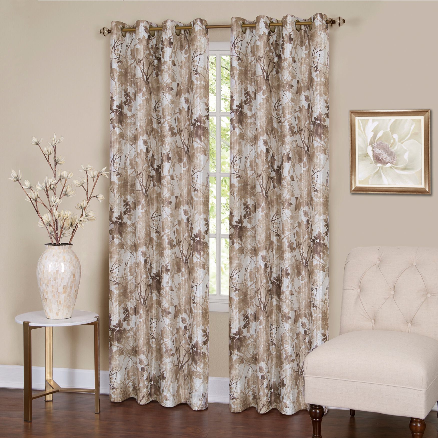 Tranquil Lined Grommet Window Curtain Panel, TAN, hi-res image number 0