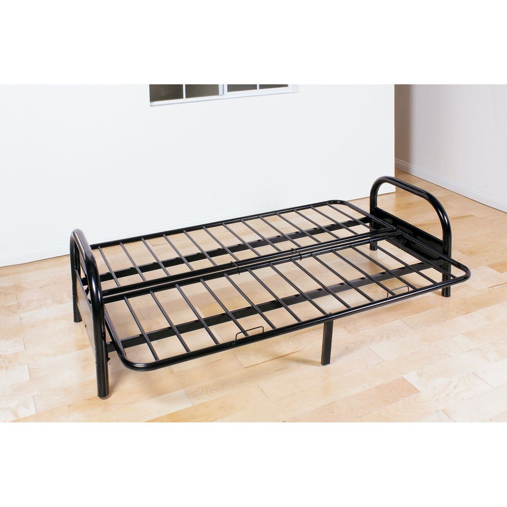 Adjustable black sofa frame side view with metal slat base and handle
