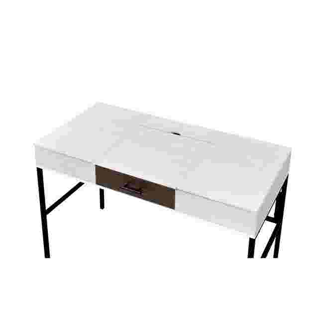 White writing desk with black metal frame and a central drawer