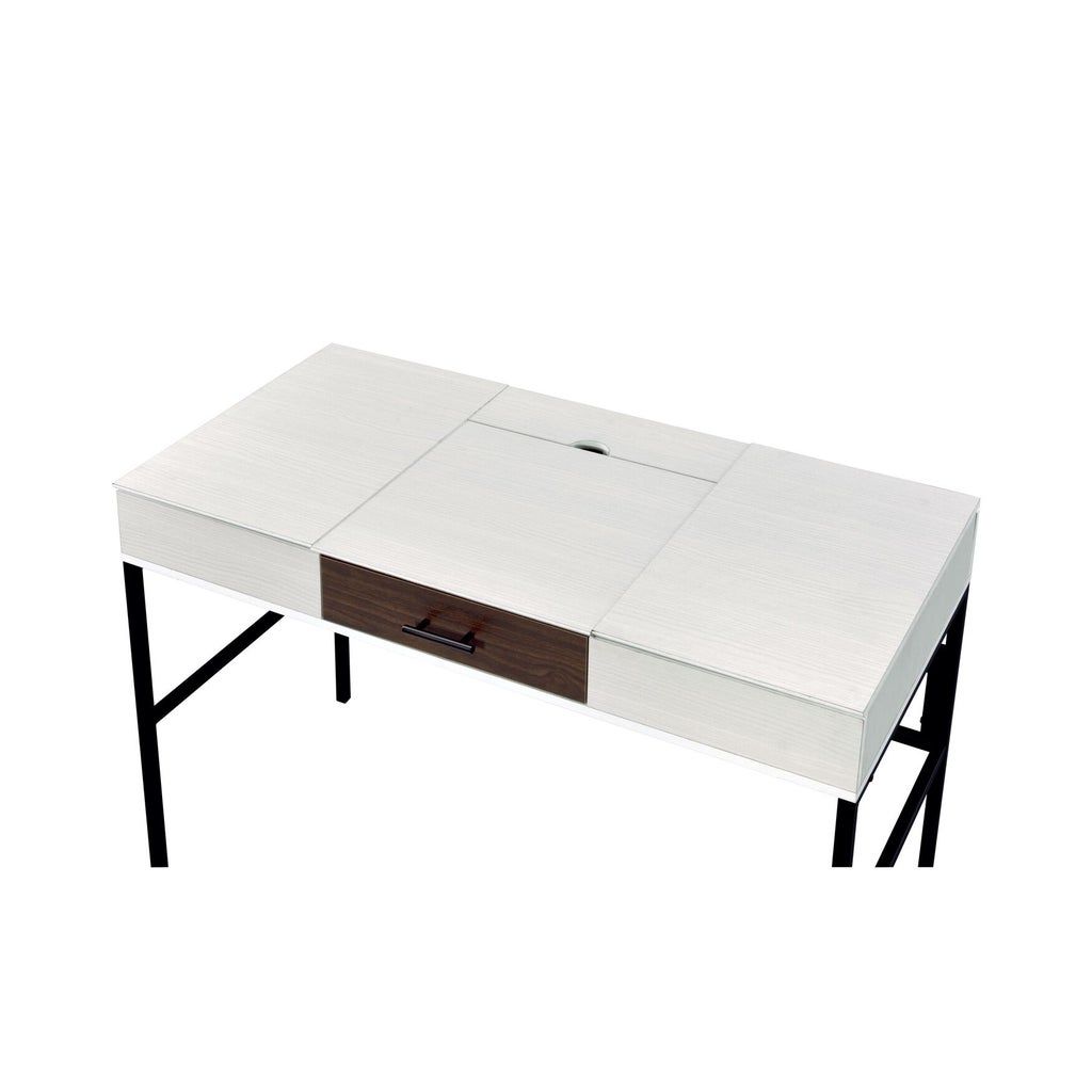 Top view of desk showing segmented white tabletop sections and drawer