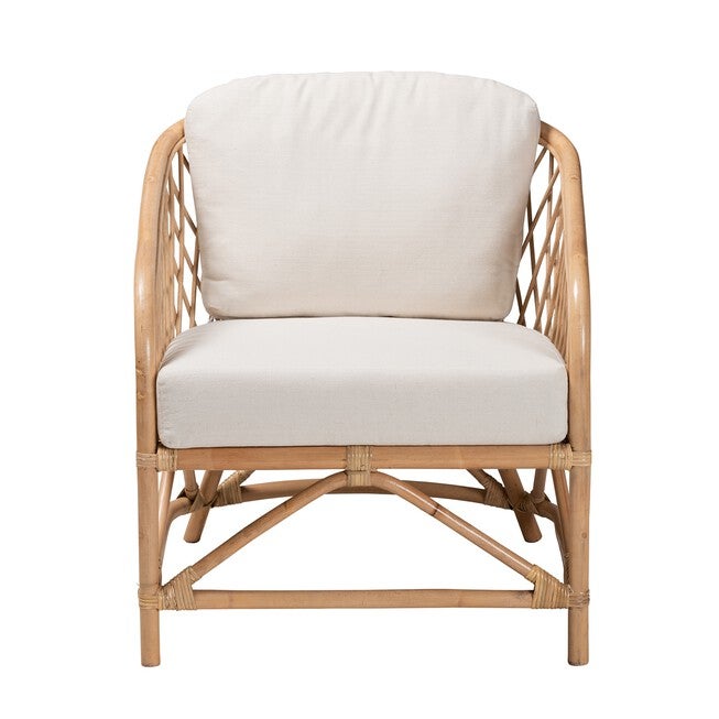 Patsy Modern Bohemian White Fabric And Natural Brown Rattan Armchair, , on-hover image number 1