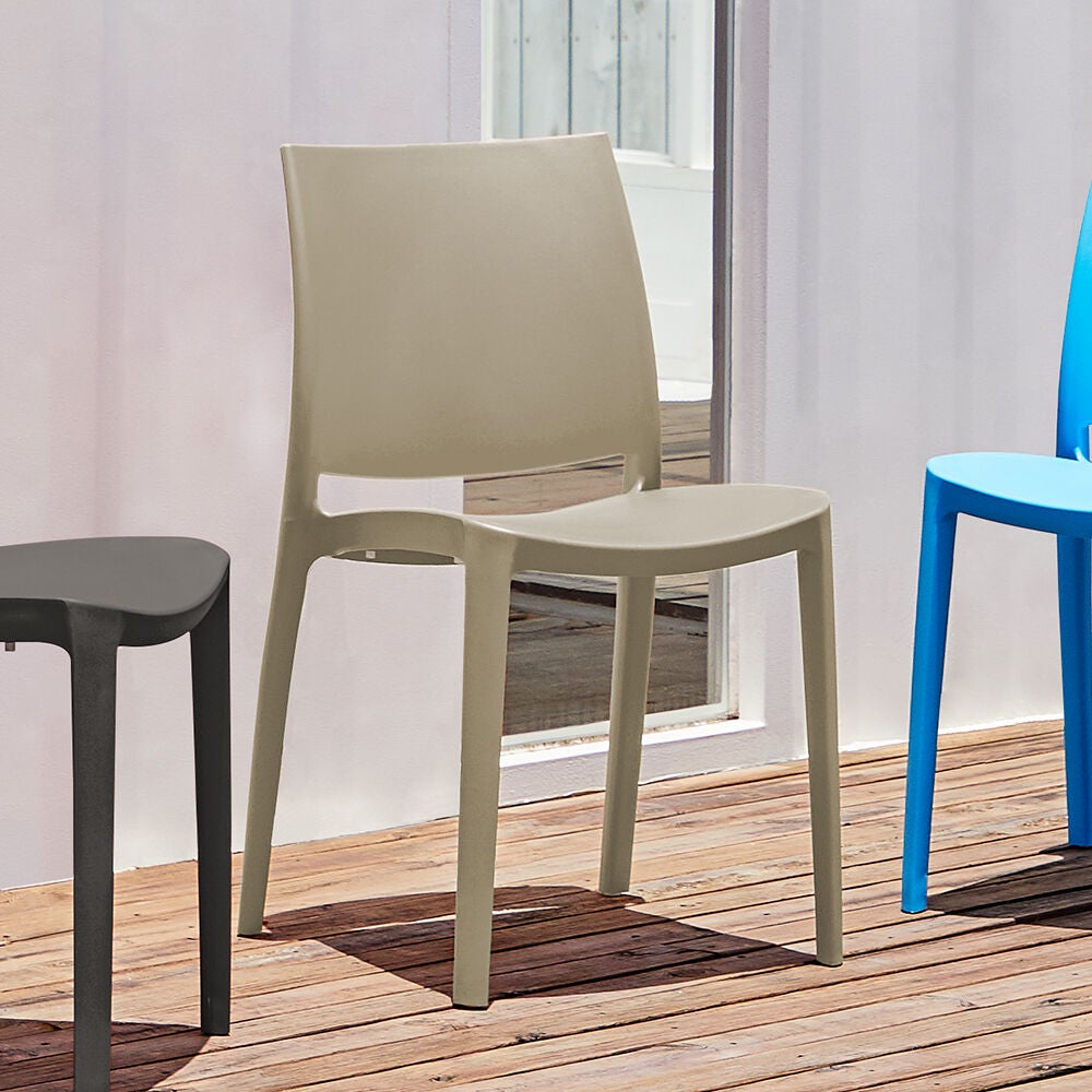Stackable outdoor dining chair in light tan/beige