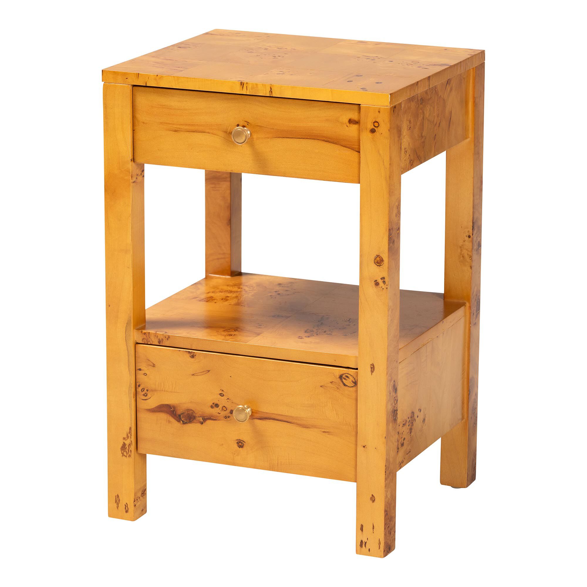 Azmi Modern and Contemporary Natural Light Mappa Real Burl Wood 2-Drawer Nightstand, BURL, alternate image number 1