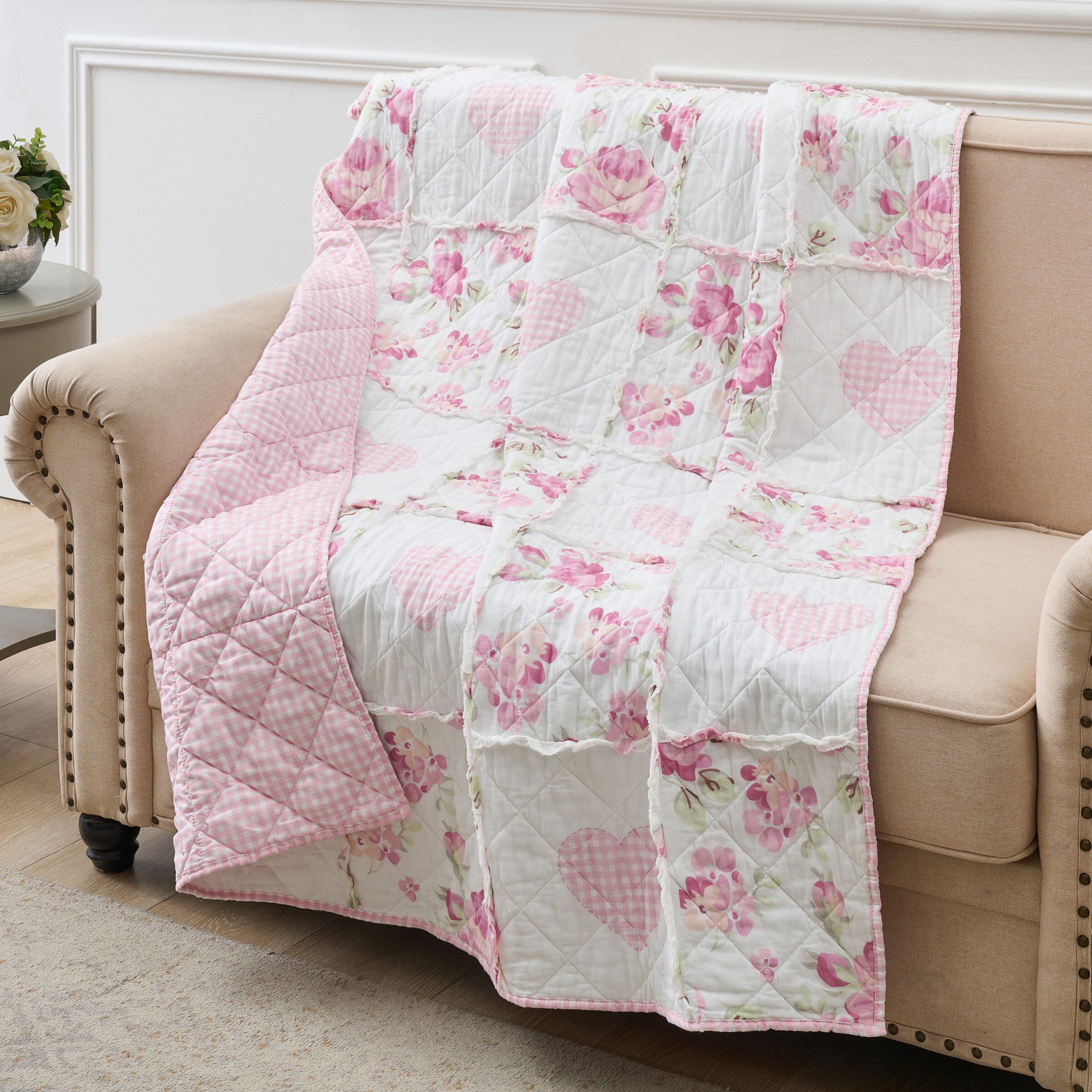 Veronica's Hearts Ruffled Patchwork Quilted Throw Blanket, PINK, alternate image number 2