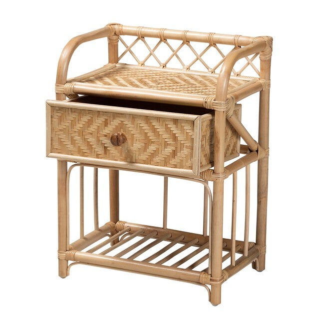 Kobie Modern Bohemian Natural Brown Rattan 1-Drawer Nightstand, , on-hover image number null