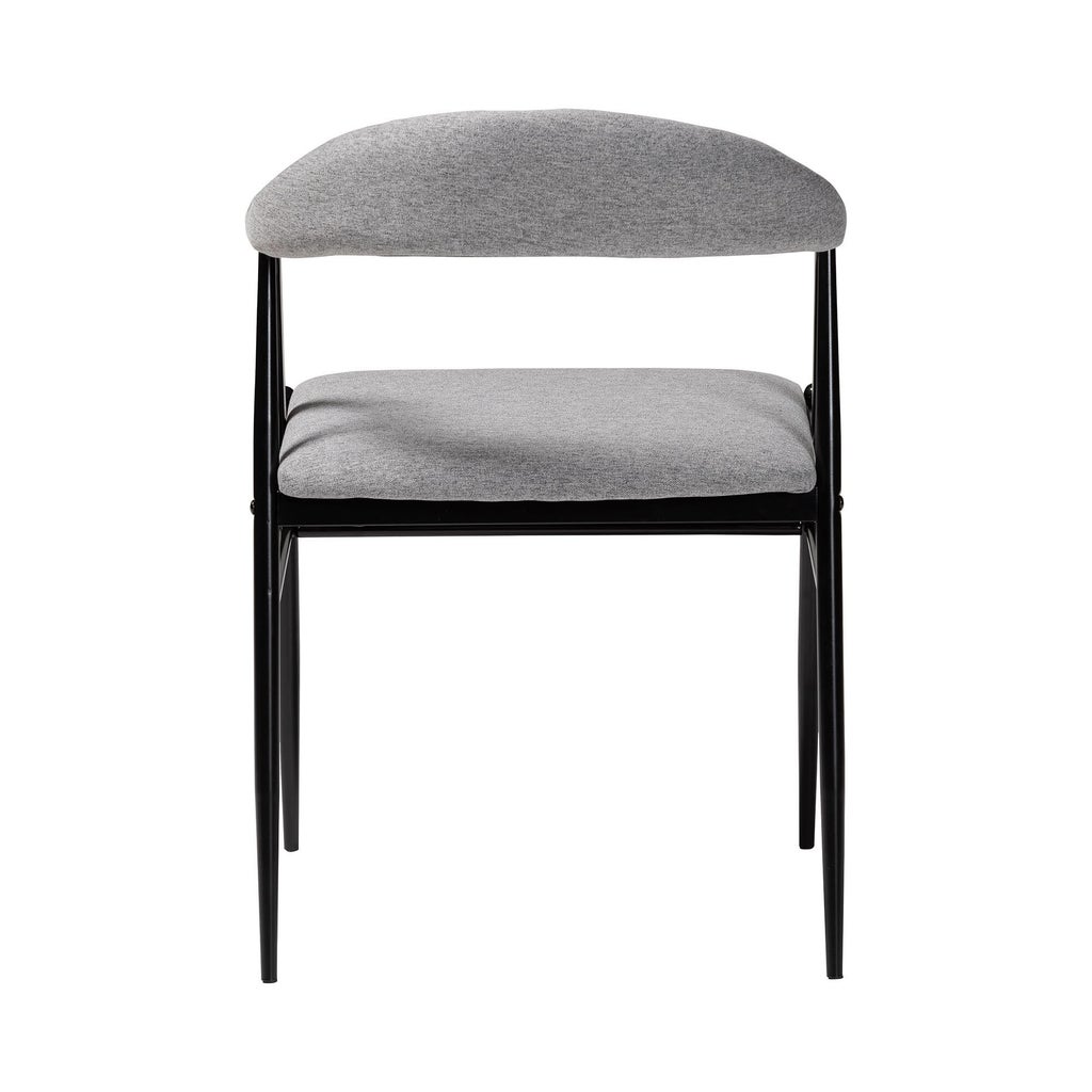 Front-elevation of chair with gray cushion and curved back