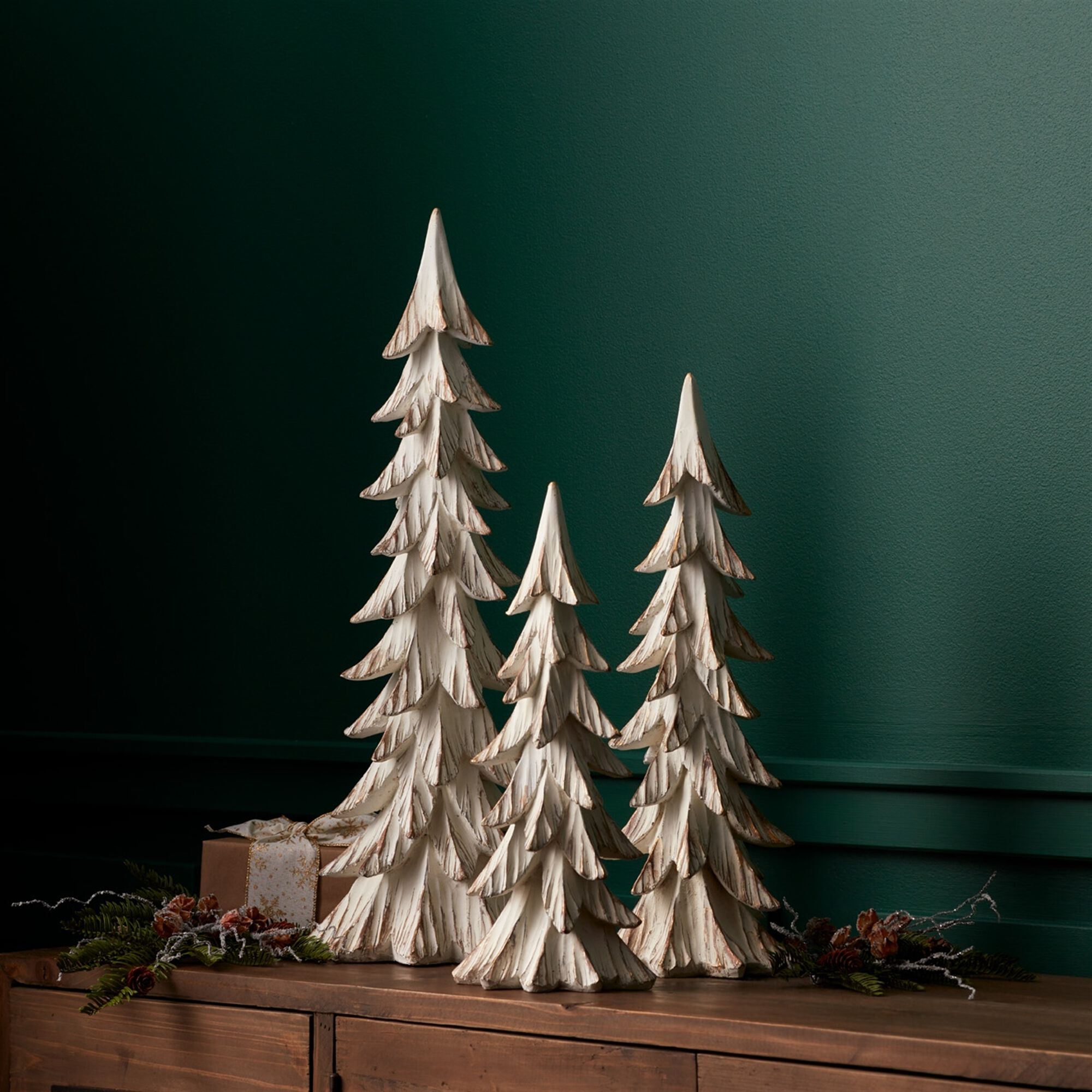 Carved Wood Design Pine Tree Decor (Set of 3), WHITE BROWN, alternate image number 2