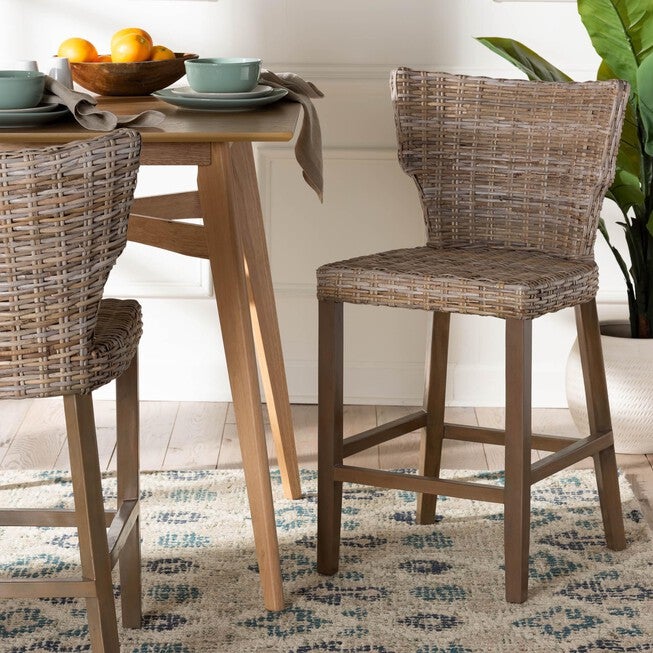 Enver Modern Bohemian Grey Kubu Rattan And Mahogany Wood Counter Stool, , alternate image number 6