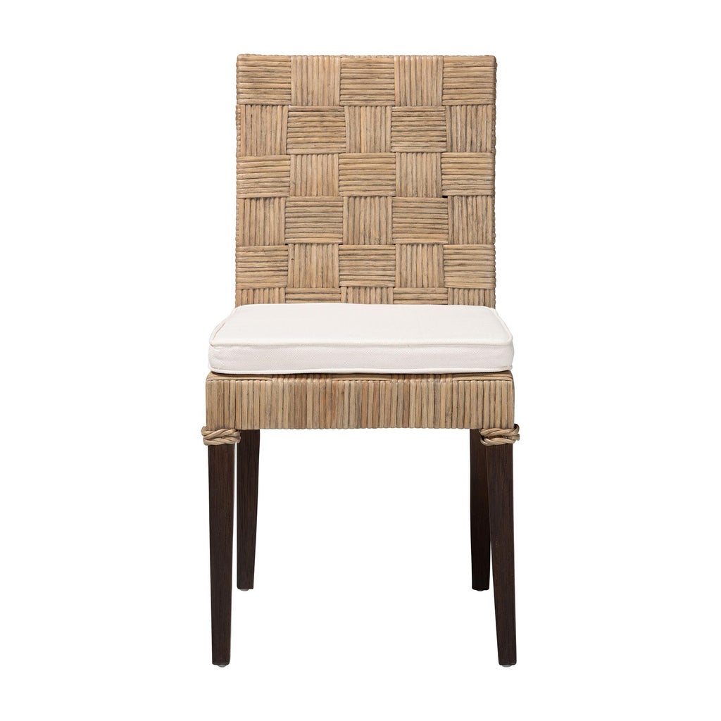 Front view natural rattan dining chair with off-white cushion