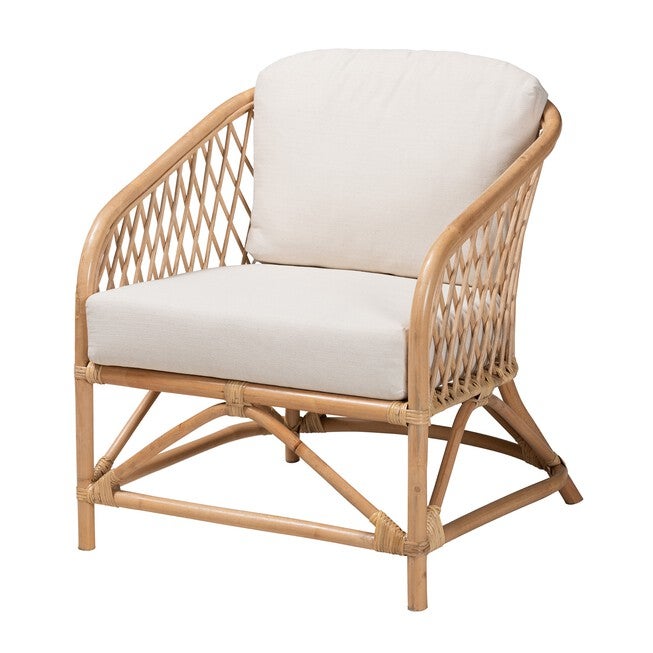 Patsy Modern Bohemian White Fabric And Natural Brown Rattan Armchair, WHITE NATURAL BROWN, hi-res image number 0